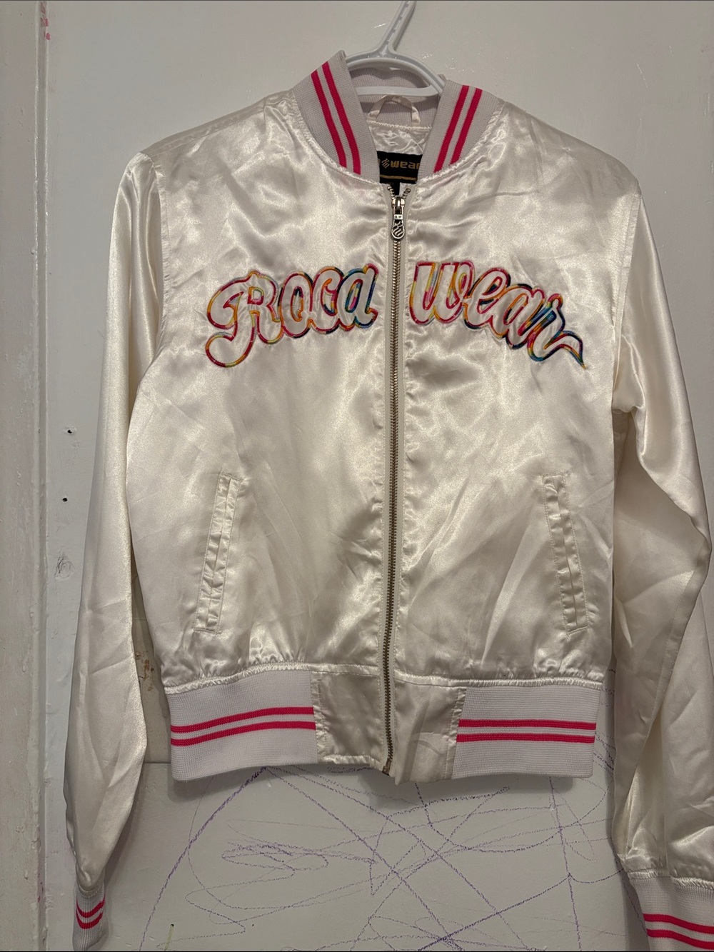 Rocawear Girls' White Satin Bomber Jacket with Pink Trim and Multicolor Logo